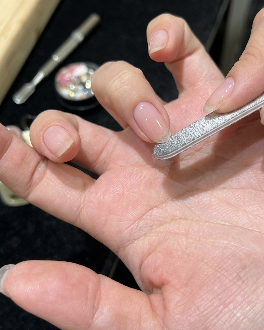 Primo piano di una mano con base gel rosata trasparente applicata su ununghia naturale pulita.