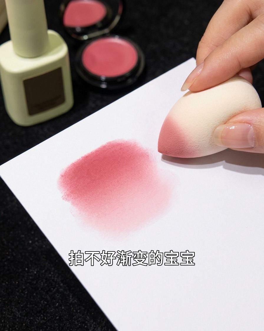 Una spugnetta da trucco che picchietta gel rosa su una superficie bianca per testare leffetto sfumato.