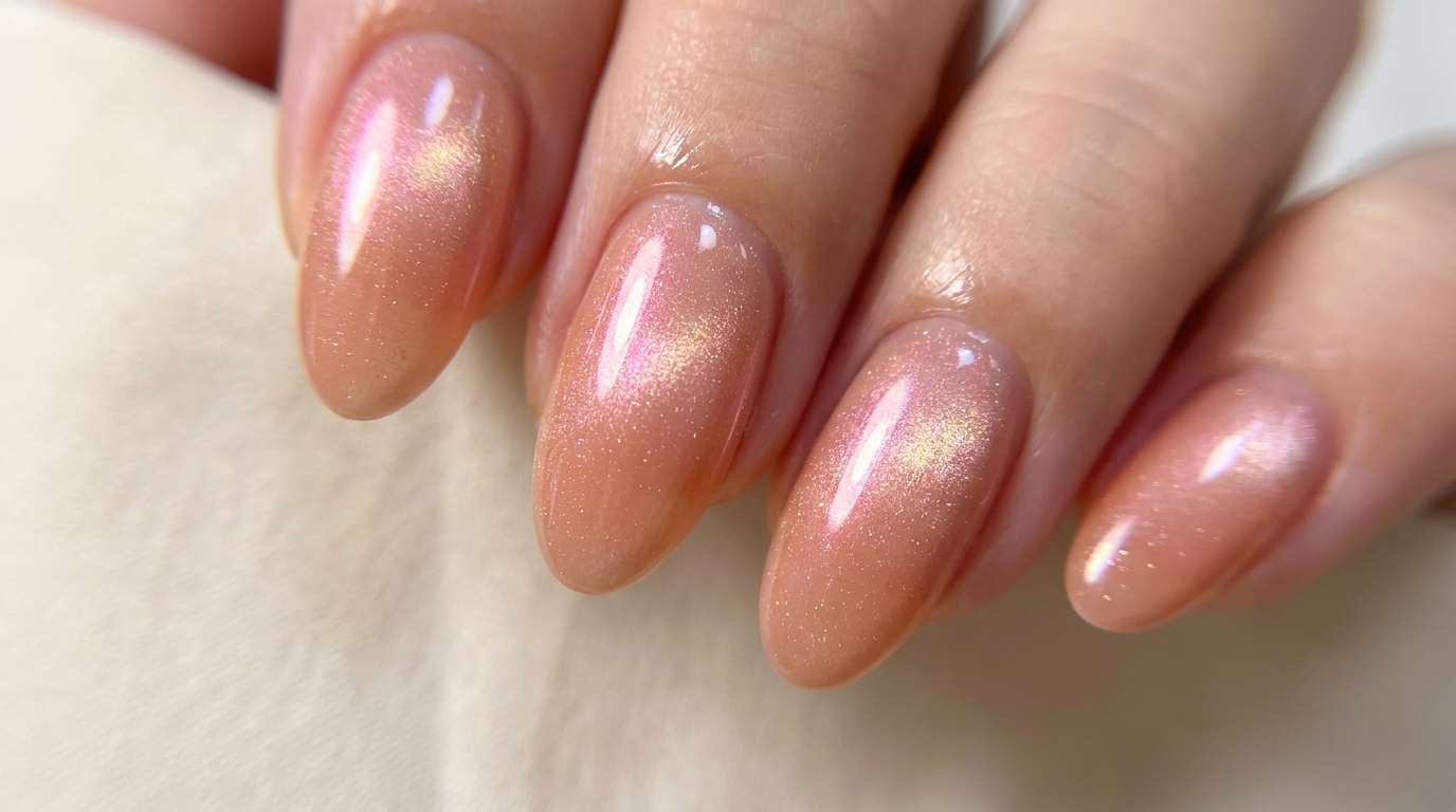 Manicure lucida color pesca con un effetto aurora magnetico e cangiante su unghie a mandorla.
