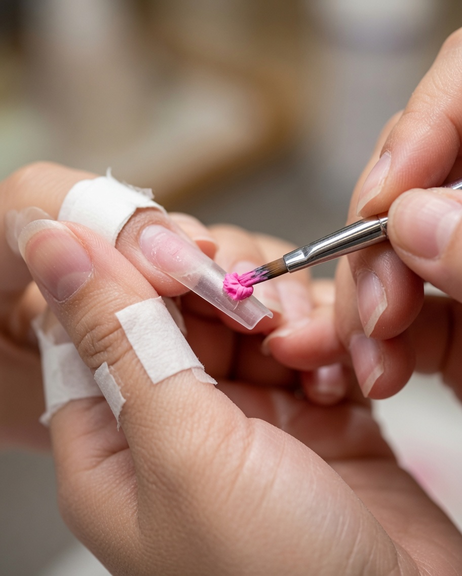 Pennello sottile che applica gel rosa sulla punta di ununghia ricostruita trasparente.