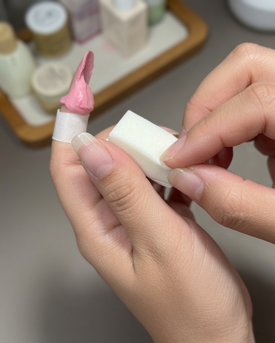 Una spugnetta quadrata che picchietta il gel rosa sullunghia per creare un effetto sfumato.