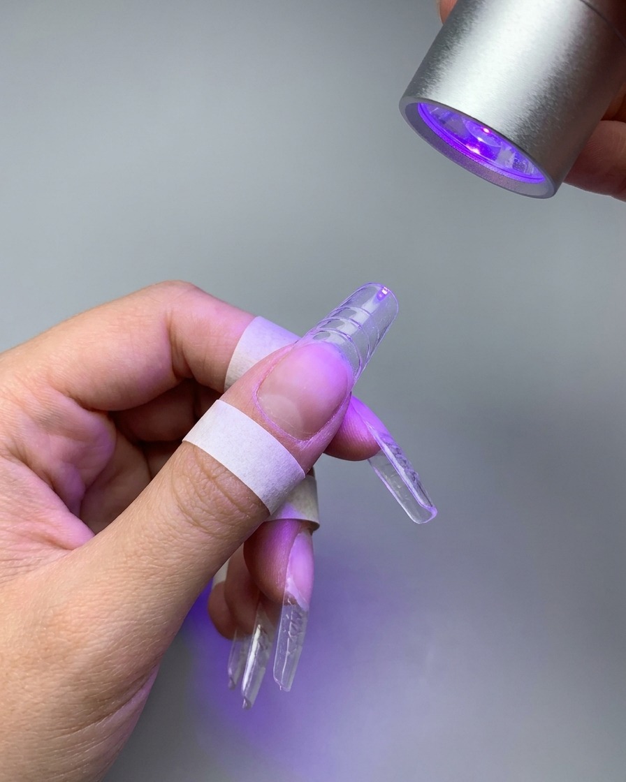 Mini lampada UV/LED argentata che emette luce viola su ununghia con sfumatura rosa.