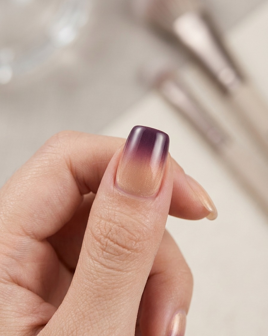 Una mano che tiene una piccola lampada portatile su un dito per polimerizzare il gel.