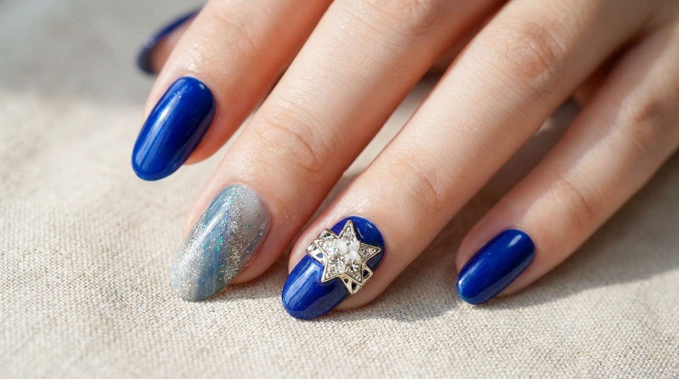 Manicure press-on blu elettrico completata, caratterizzata da un decoro a stella argento e ununghia accentata con sfumatura glitterata.