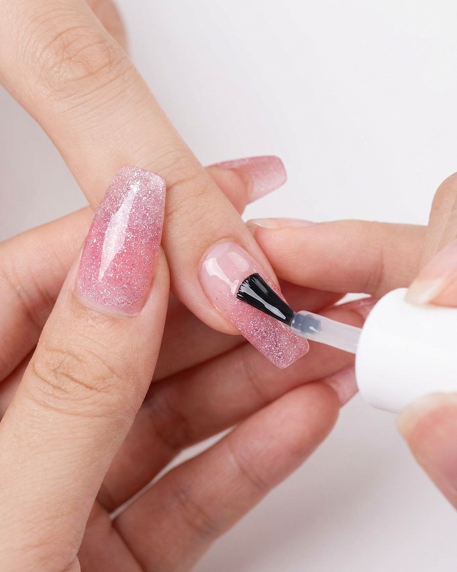 Un pennello applica un top coat clear senza dispersione su ununghia sfumata.
