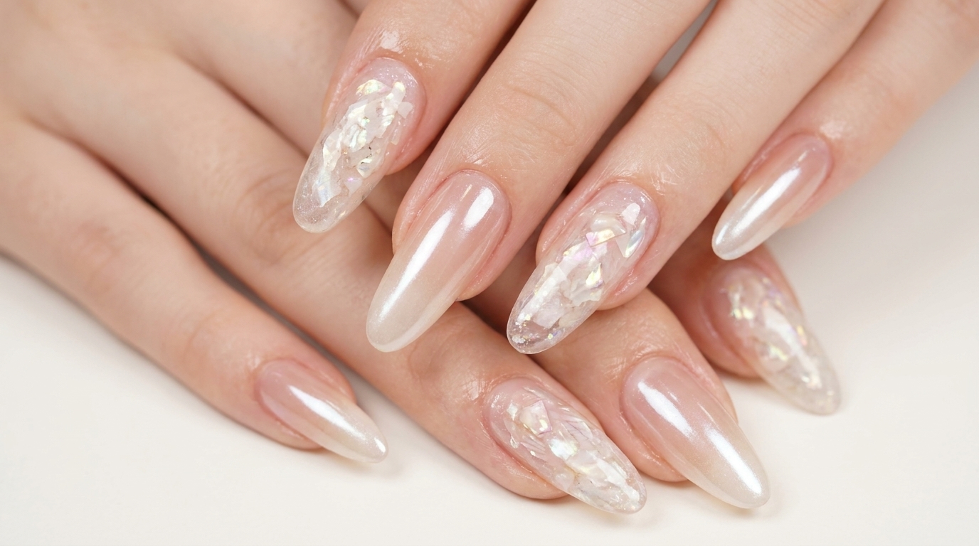 Stupende unghie a mandorla lunghe con base nude traslucida, conchiglie frantumate incastonate e una morbida sfumatura cromo moonlight bianca.