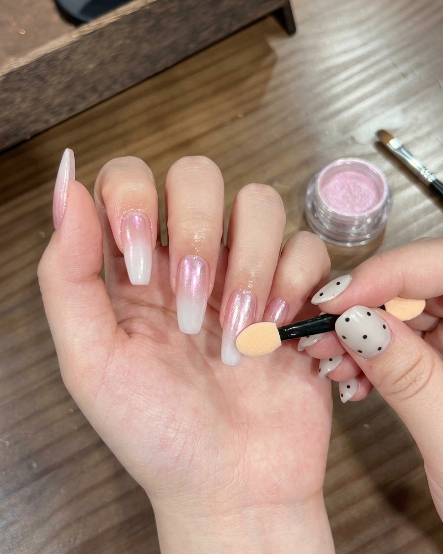 Primo piano di una mano che usa un applicatore per ombretto per stendere polvere cromata rosa iridescente su ununghia con sfumato bianco.