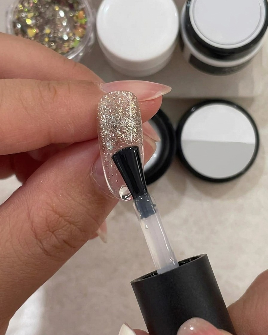 Un pennello applica un gel costruttore trasparente a viscosità densa sopra lunghia glitterata.