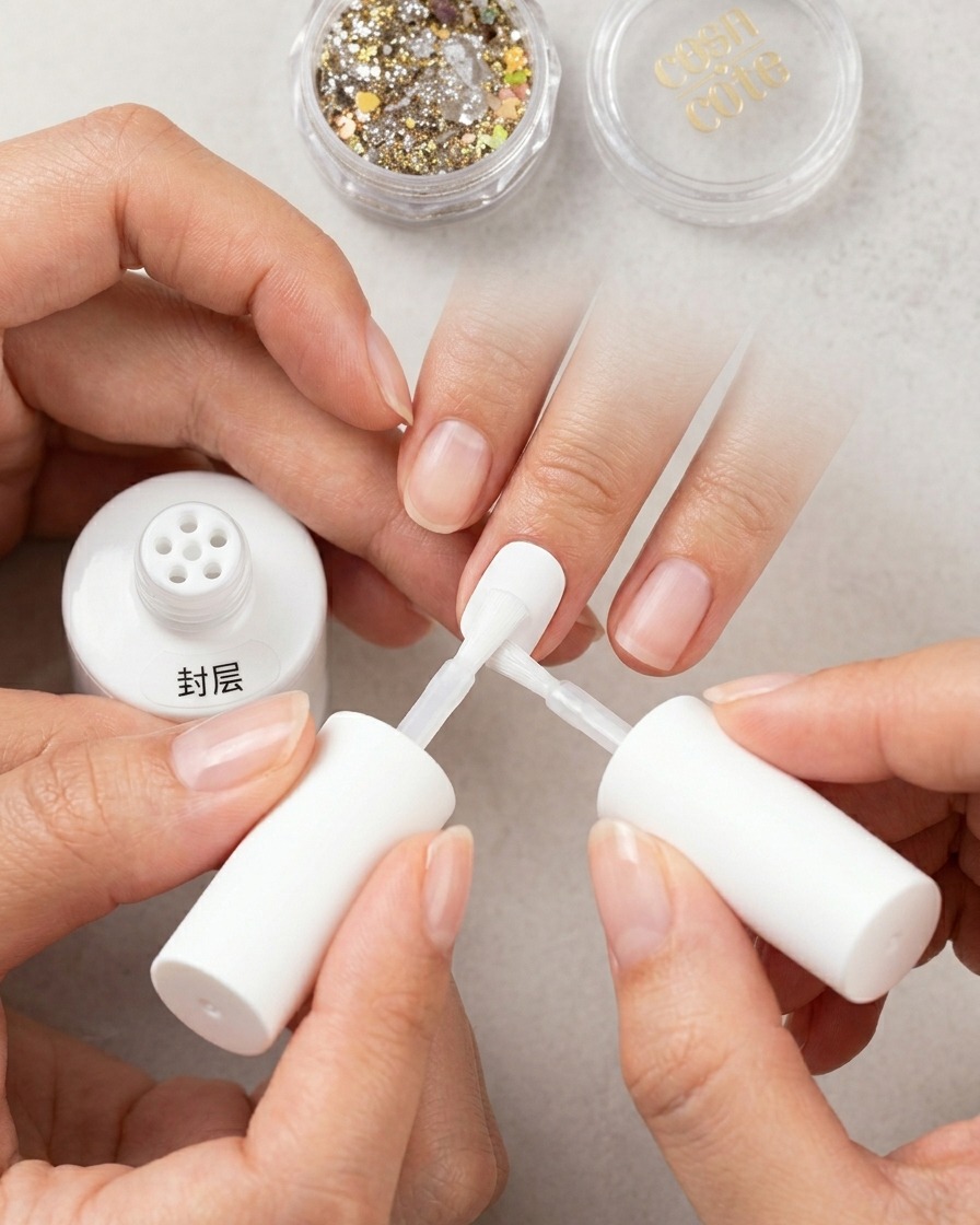 Primo piano di una mano che utilizza una spugnetta per trucco per picchiettare e sfumare delicatamente la linea tra il gel bianco latte e la base trasparente.