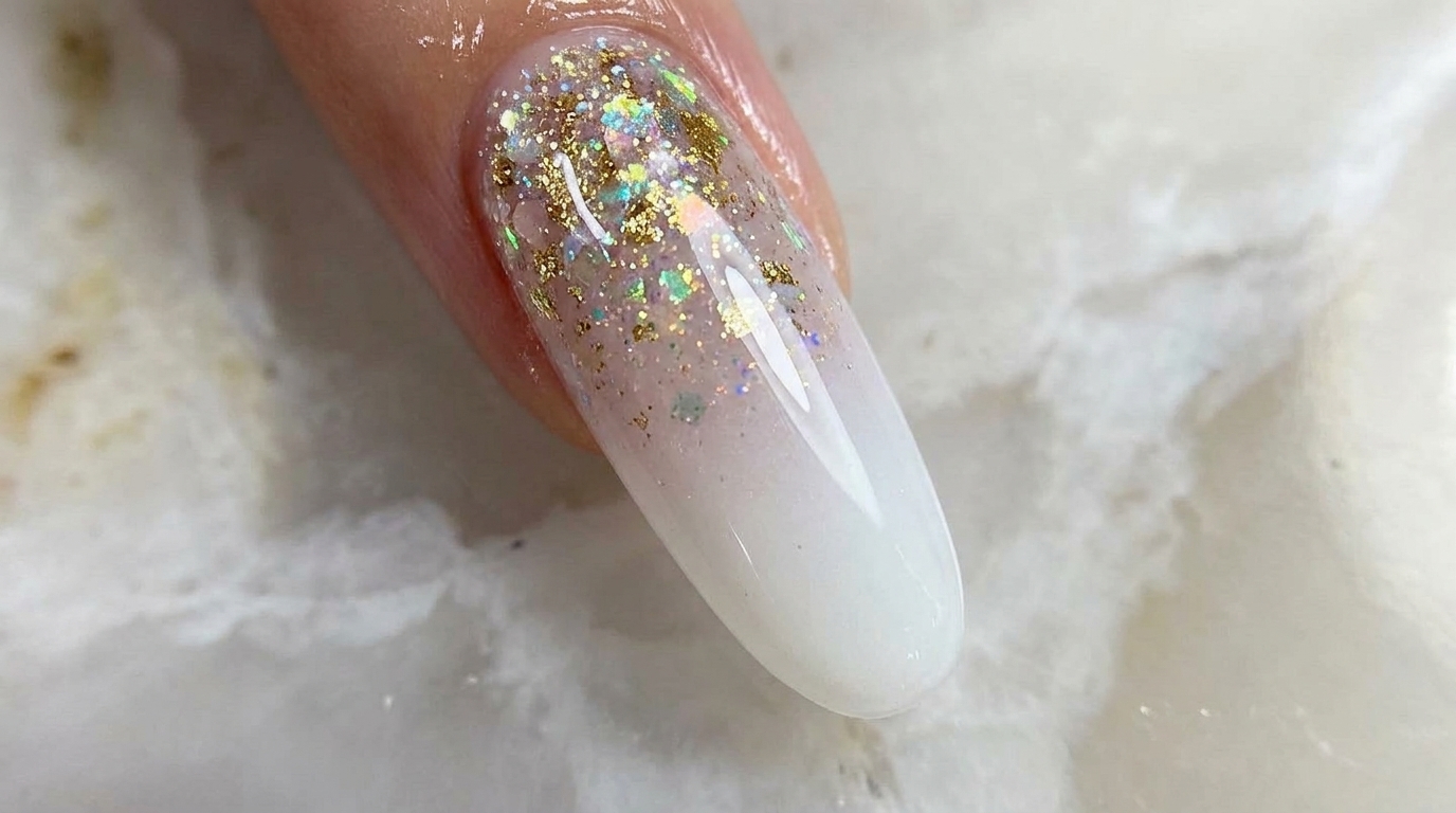 Primo piano di una manicure sfumata bianco latte, caratterizzata da glitter dorati e cangianti alla base per un finish radioso.