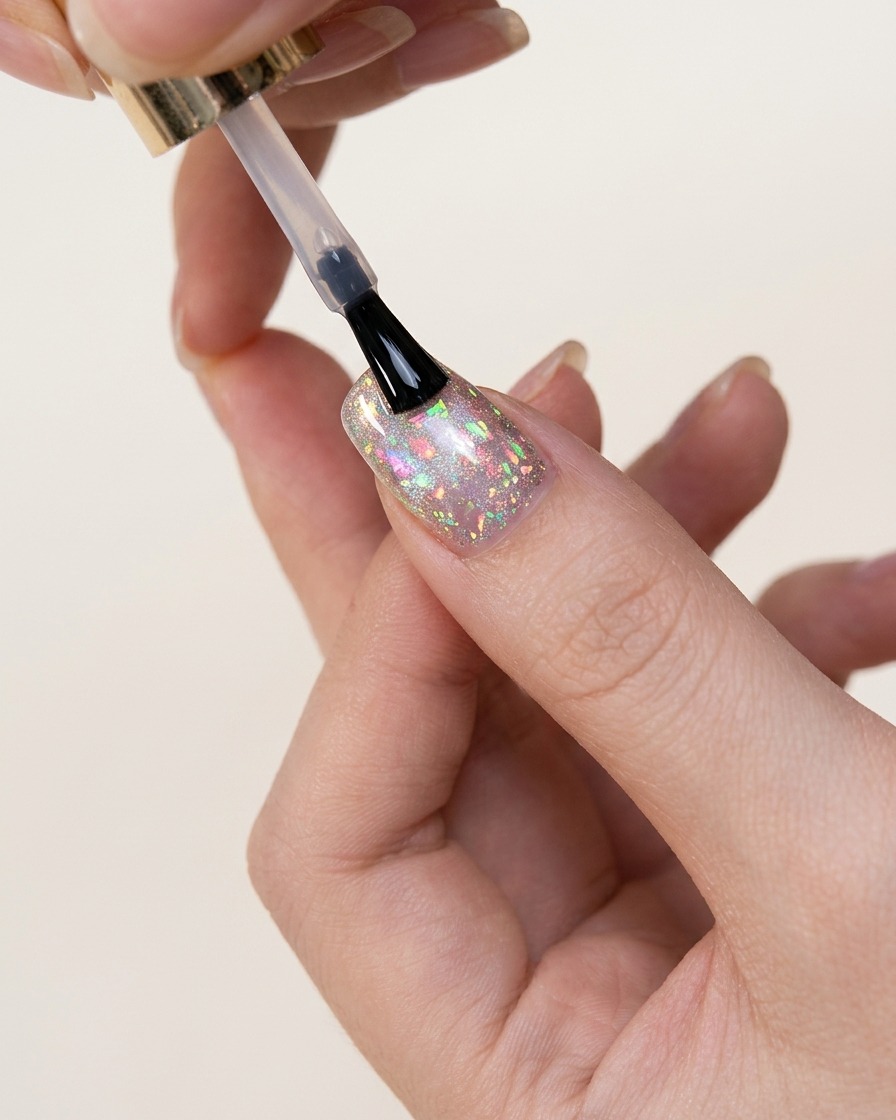 Una mano con nail art cat-eye e charm a farfalla posizionata allinterno di una lampada UV professionale per il processo di polimerizzazione finale.