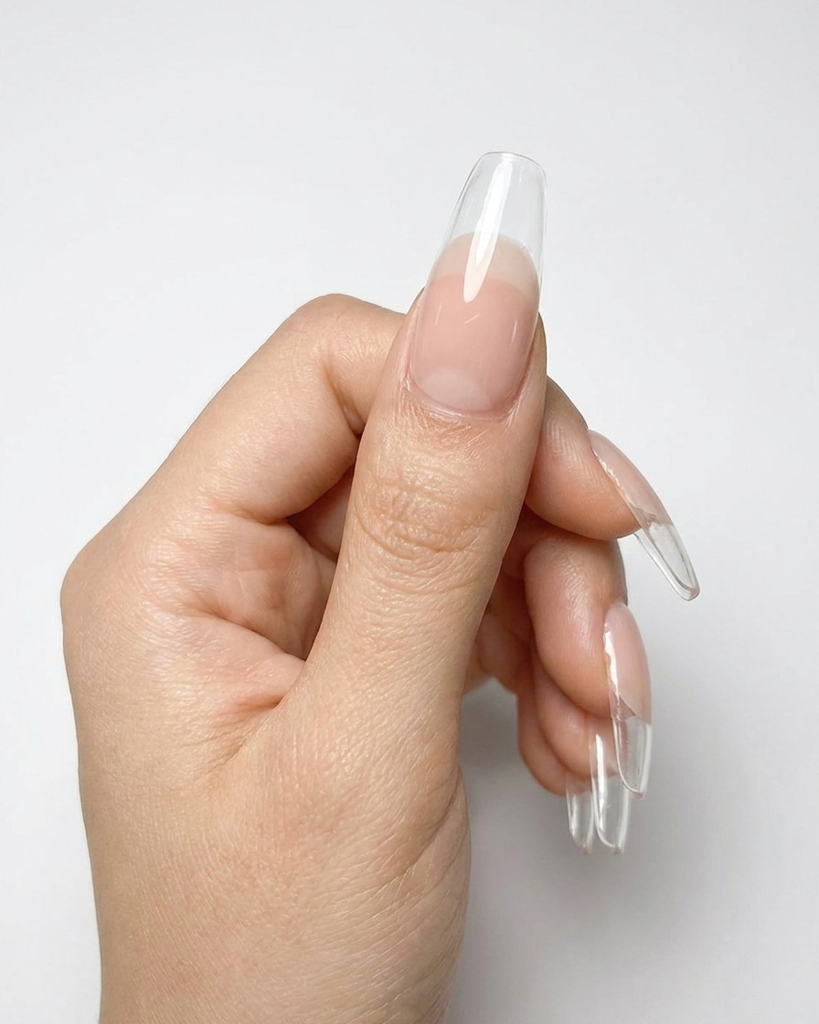 Una mano posizionata sotto una lampada UV professionale con lo smalto gel nude in fase di polimerizzazione.
