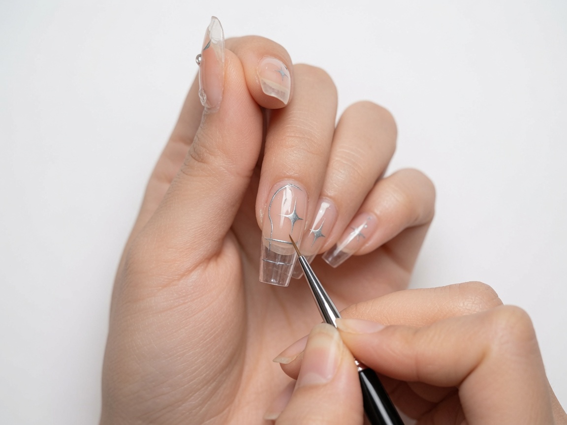 Una nail artist usa un pennello a punta fine per riempire il design della stella argento su ununghia nude.