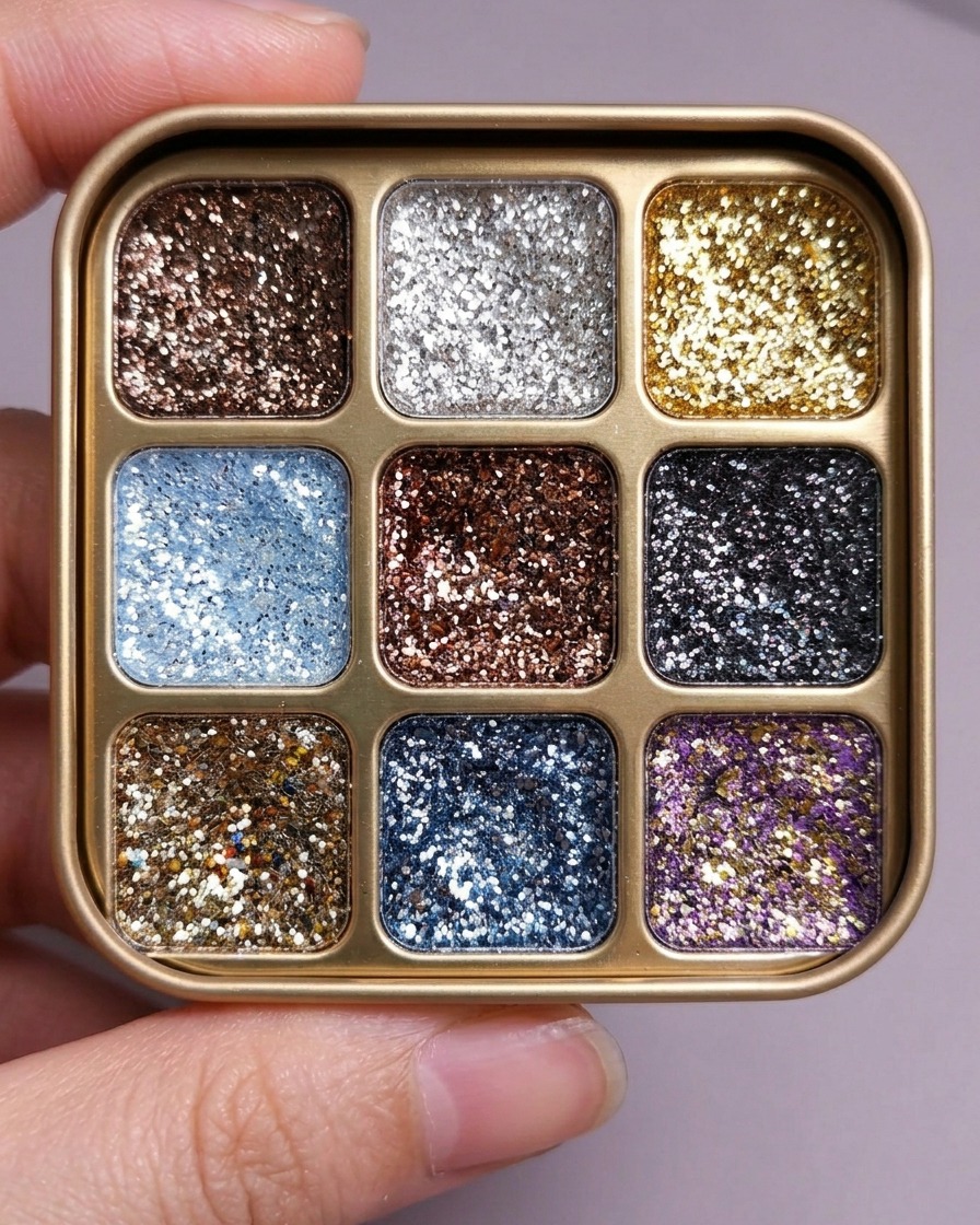 Un pennello a punta sottile preleva una piccola quantità di gel glitter argento da una tavolozza cosmetica.