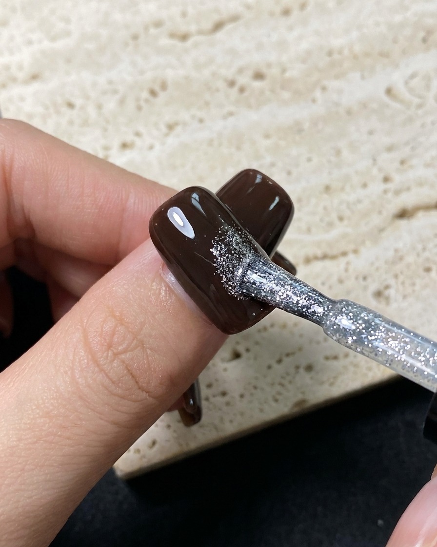 Un pennellino sottile disegna una piccola stella argentata sulla superficie di ununghia in gel marrone scuro.