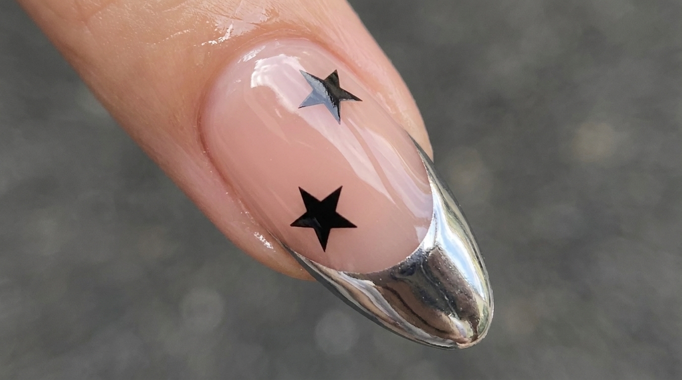 Lunghe unghie a mandorla con una base nude lucida, un french cromo argento definito e decorazioni a stella nera.
