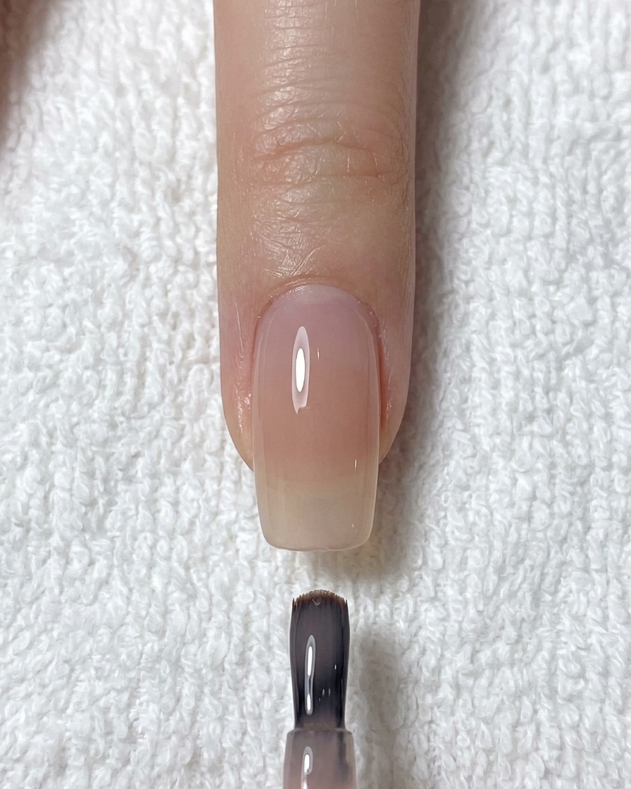 Un pennello professionale applica una base gel nude semitrasparente su ununghia naturale pulita e preparata.