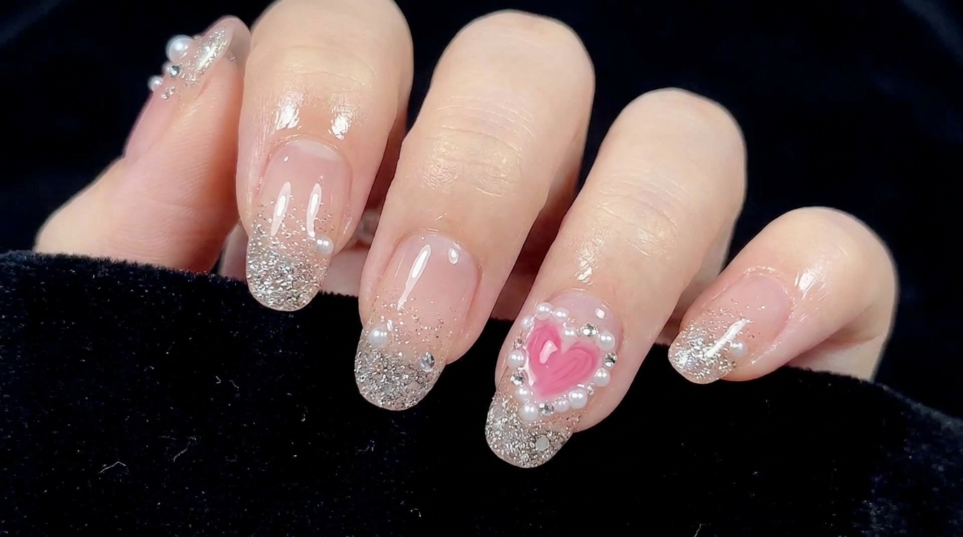 Unghie nude lucide con una sfumatura glitterata argento, un cuore rosa dipinto a mano e raffinati dettagli con perle e strass.