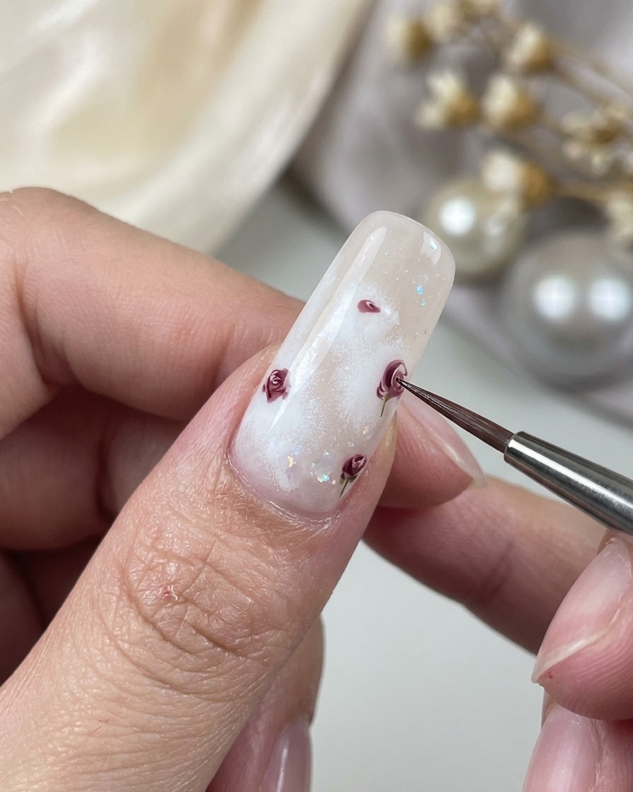Un pennello di precisione aggiunge petali curvi leggermente più grandi ai lati di una rosa parzialmente dipinta.