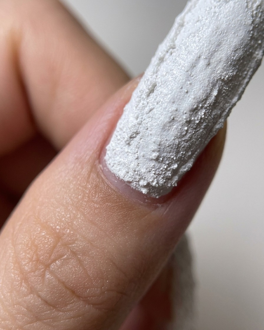 Un pennello applica uno strato di top gel opaco sulla superficie ungueale bianca testurizzata e polimerizzata.