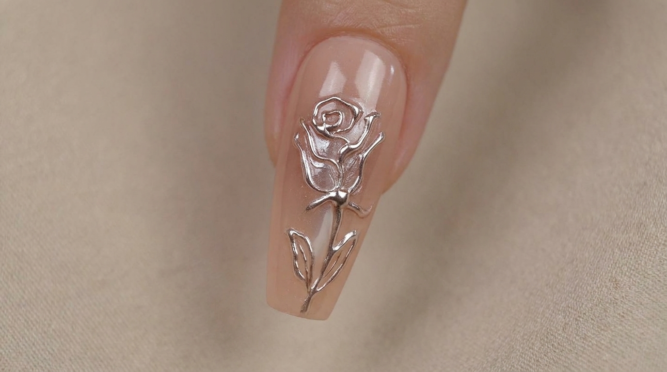 Un primo piano dettagliato di una rosa in 3D argento metallizzato su una base nude lucida.