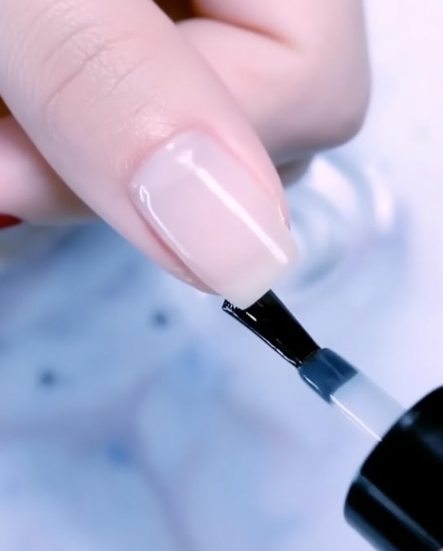 Un pennello che posiziona una singola goccia di smalto gel rose gold alla base di ununghia del pollice.