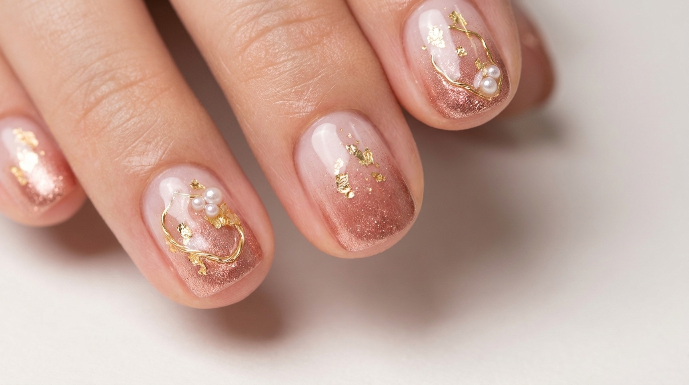 Unghie Sfumate Rose Gold Vintage con Foglia Oro e Perle