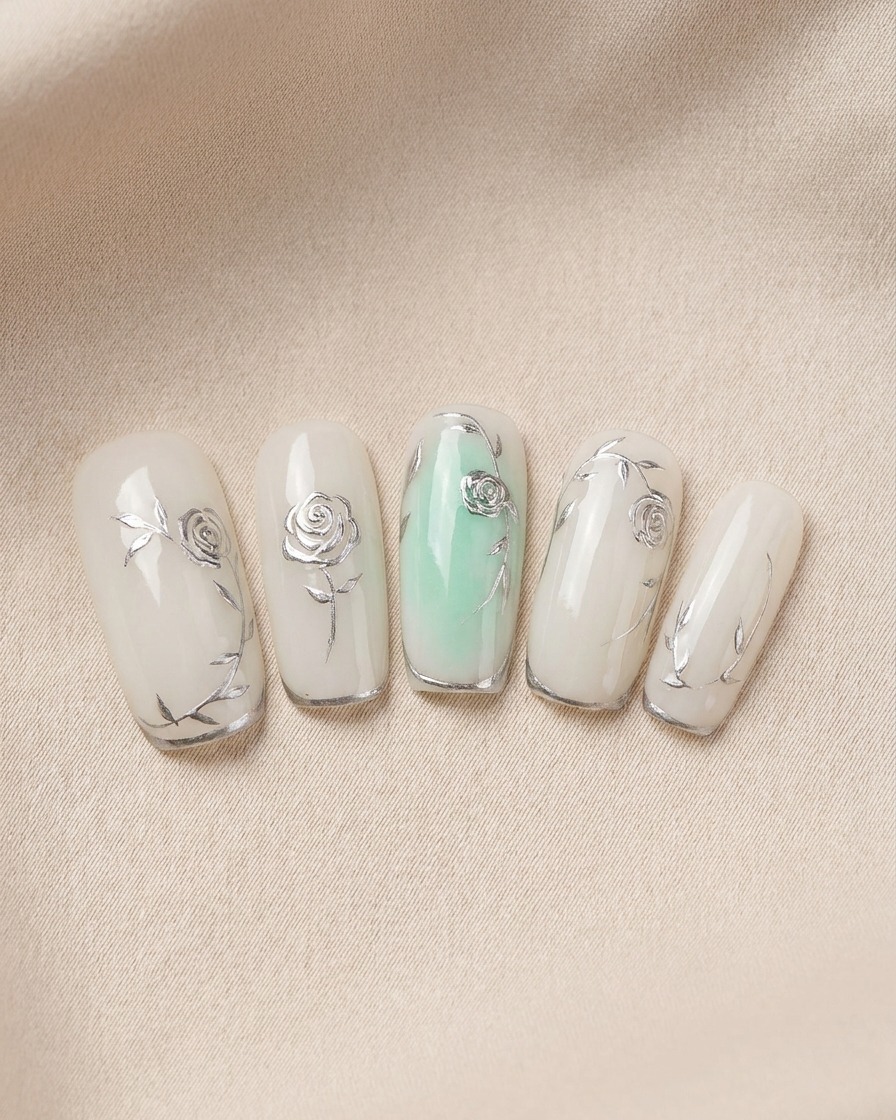 Un pennello che applica un top coat trasparente e lucido sopra il design floreale metallizzato finito.