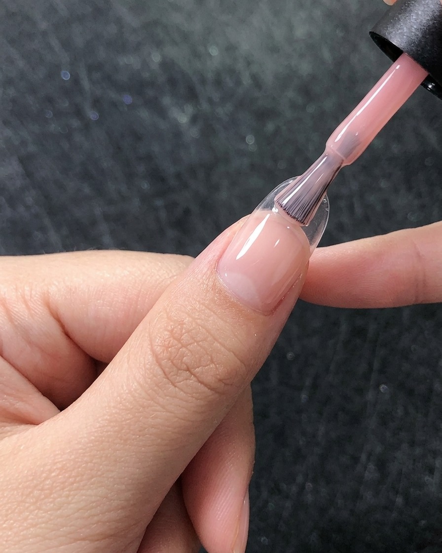 Un pennello applica un secondo strato di gel rosa traslucido, mostrando una copertura omogenea sullunghia.