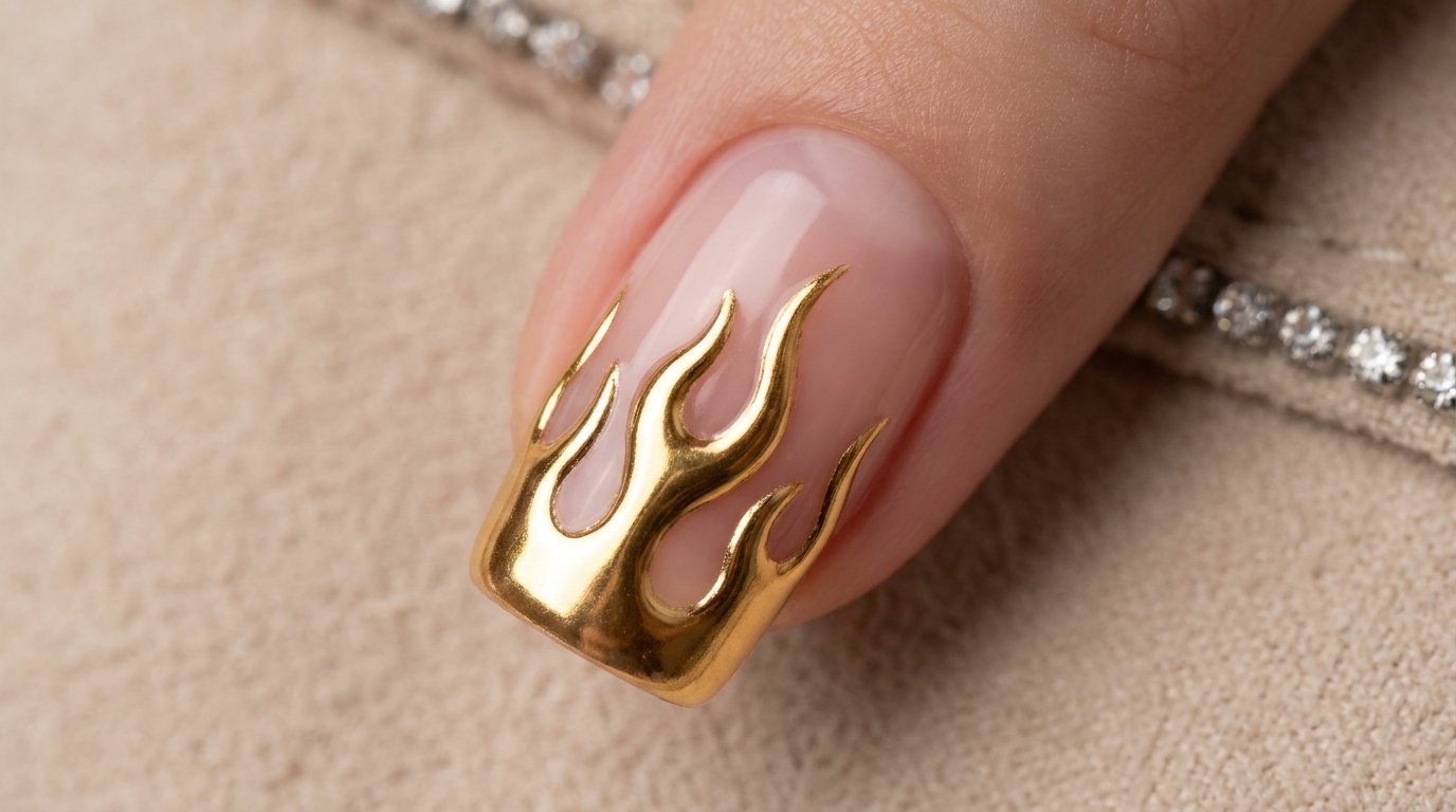 Nail Art con Fiamme Oro Cromato — Tutorial Passo dopo Passo