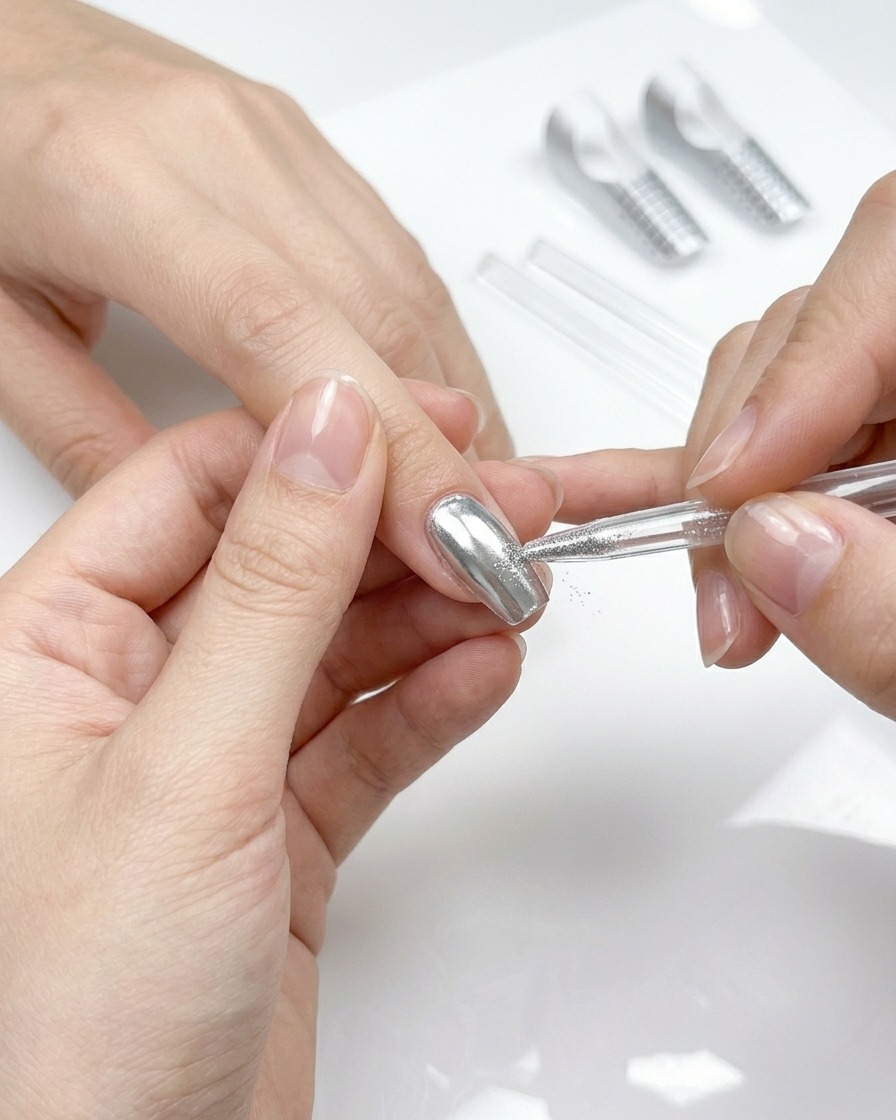 Un pennello da gel applica uno strato liscio di top coat trasparente sopra ununghia cromata argento.