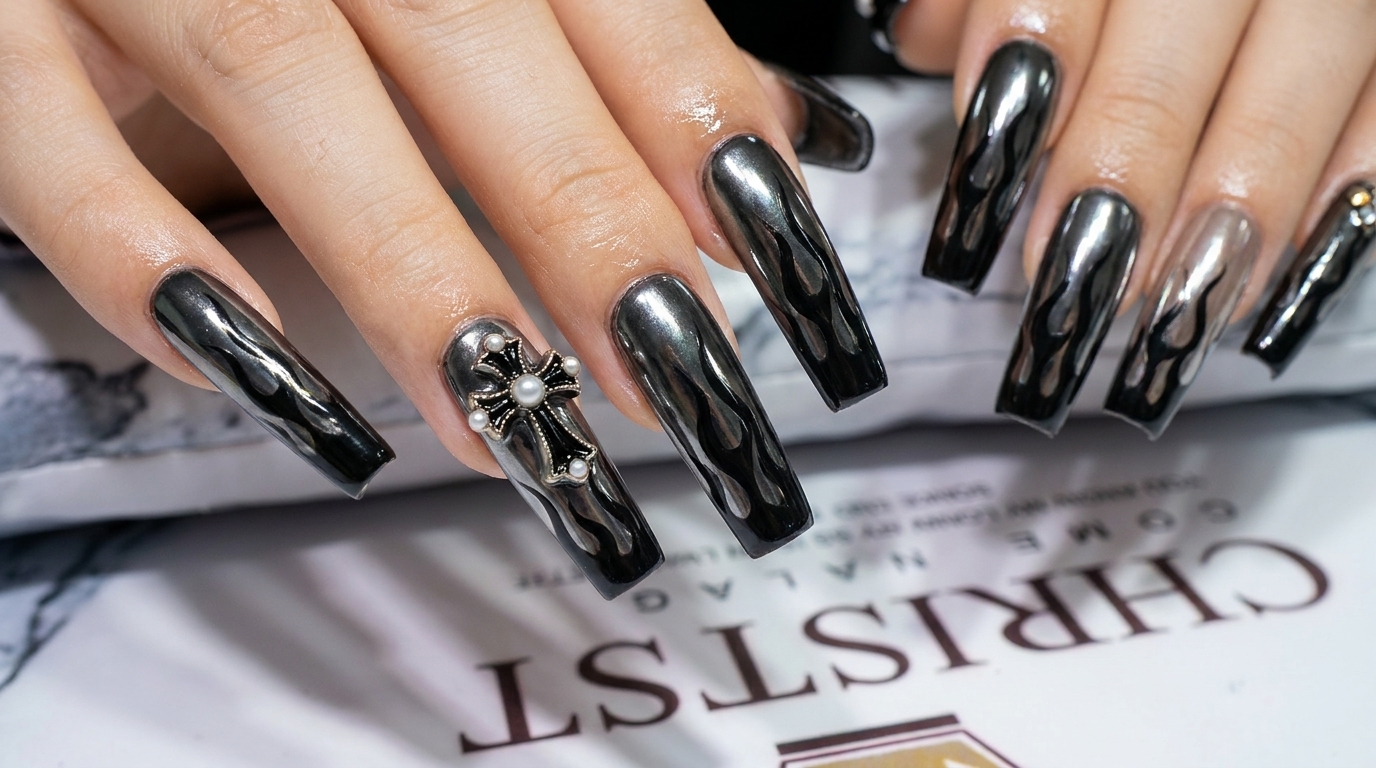 Unghie Cromate Nere con Fiamme — Tutorial per una Manicure Grunge e Grintosa