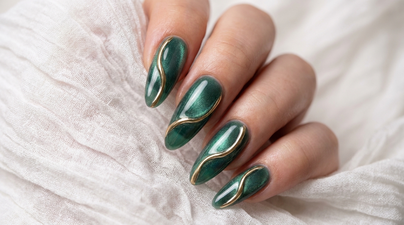 Unghie Cat Eye Verde Lago con Dettagli Cromo Oro 3D — Tutorial Passo Passo