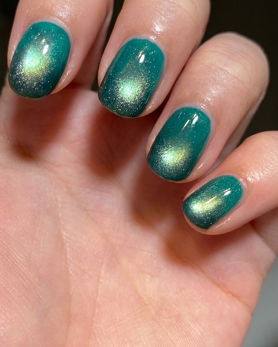 Una mano che solleva una boccetta di smalto gel cat-eye verde lago su uno sfondo neutro.