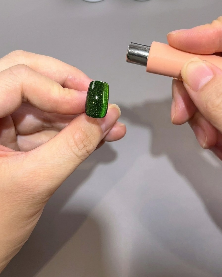 Un magnete cilindrico tenuto parallelamente al bordo sinistro di ununghia per manipolare le particelle del gel magnetico.
