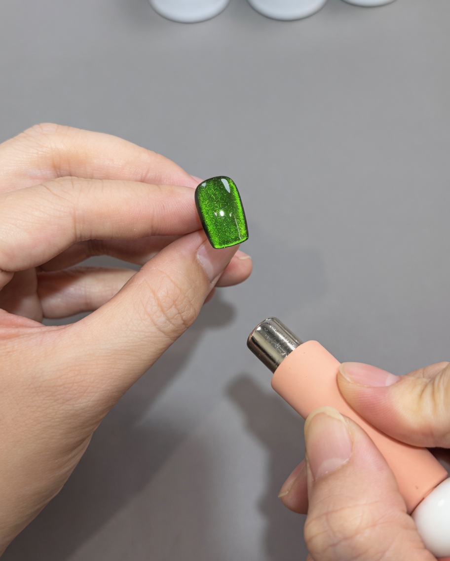 Un magnete viene passato sopra la punta di ununghia per rifinire la banda di luce magnetica posizionata al centro.