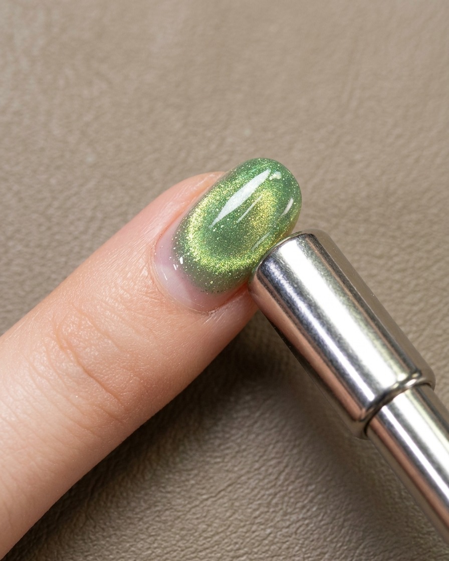 Uno scatto dettagliato della superficie dellunghia che mostra il pigmento magnetico che inizia a formare un bagliore cat-eye focalizzato.