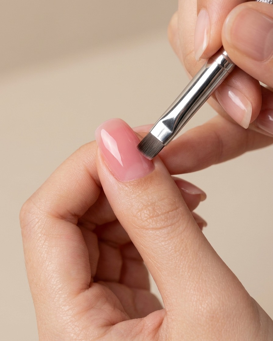 Un pennello gel che applica uno strato di smalto gel nude pink trasparente su ununghia con il centro blush già catalizzato.
