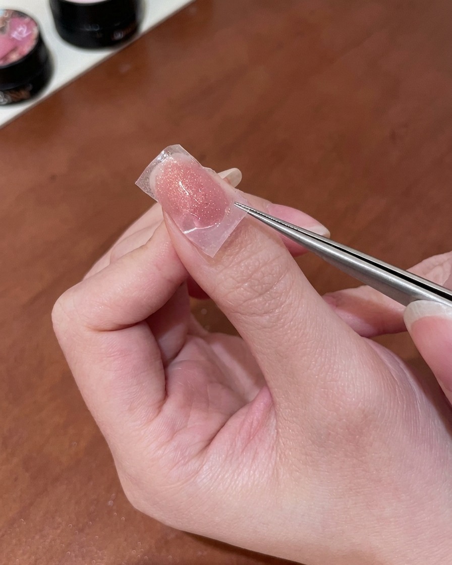 Una persona che usa pinzette metalliche di precisione per sollevare delicatamente uno stencil traslucido da ununghia nude pink, rivelando una delicata forma a farfalla oro.