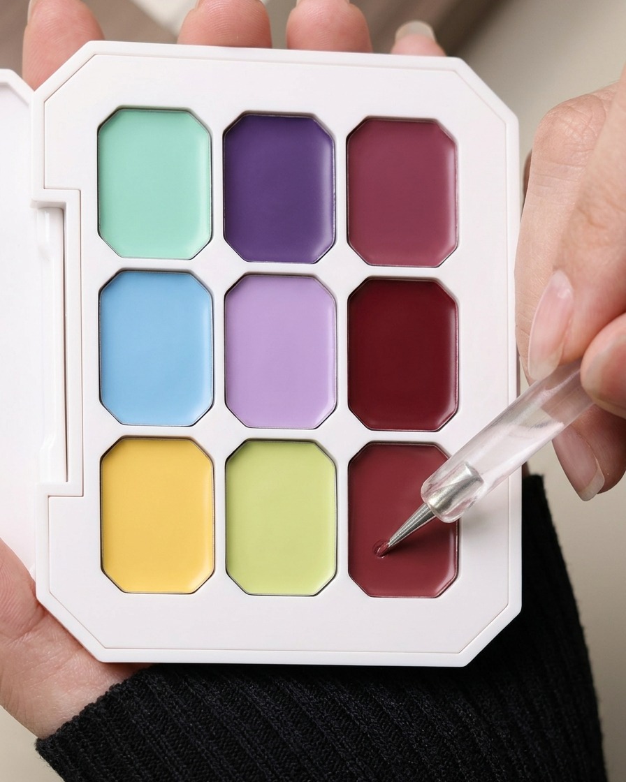 Un dotter che preleva del gel colorato da una tavolozza per applicare un effetto blush al centro dellunghia.