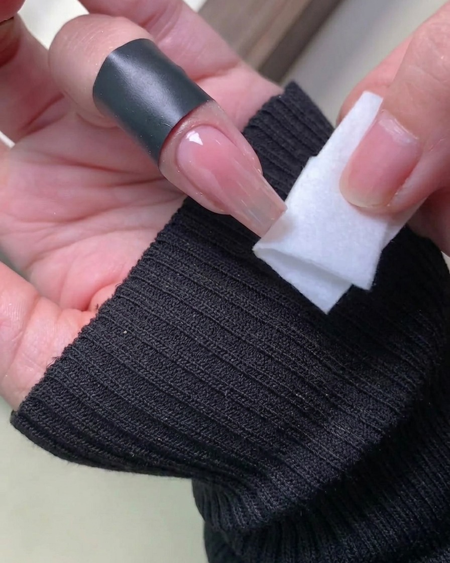 Un pad senza lanugine utilizzato per pulire la pelle attorno ai bordi dellunghia, rimuovendo la polvere iridescente in eccesso.