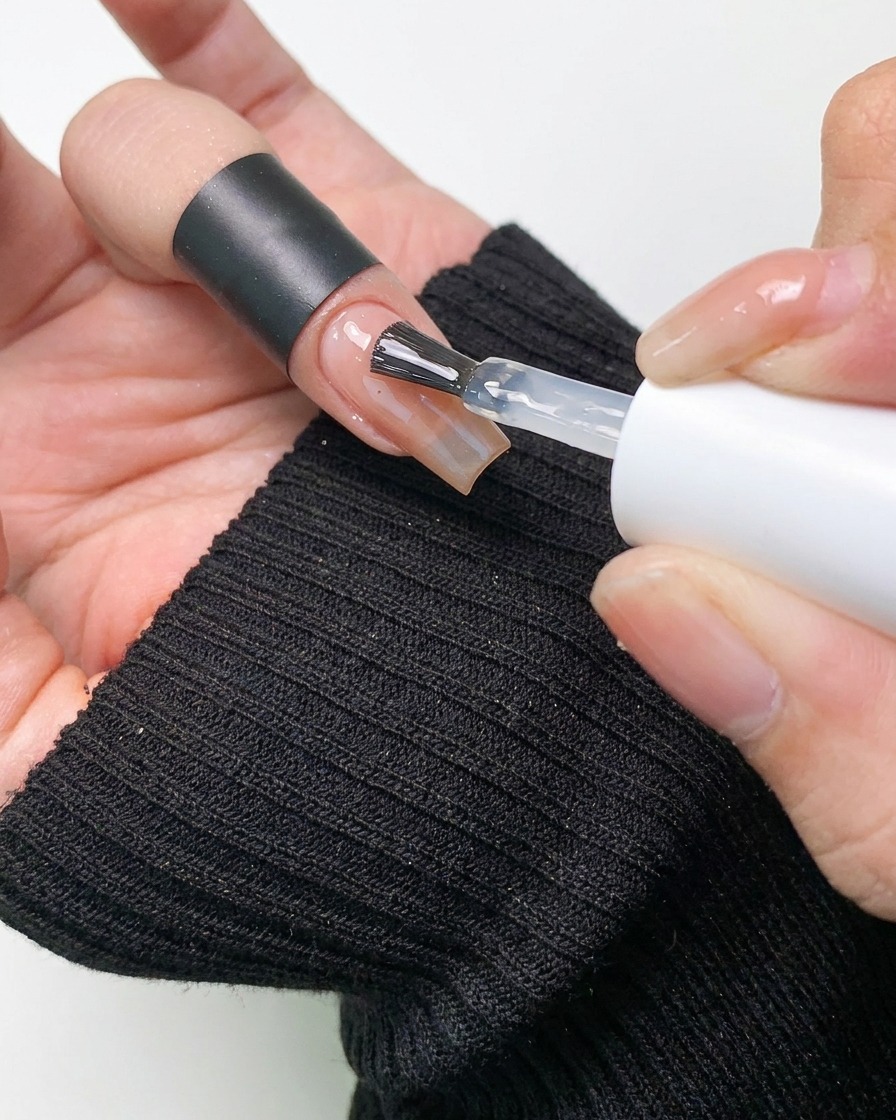 Un pennello che applica un top coat trasparente e lucido sopra una superficie dellunghia che ha un sottile finish in polvere aurora.