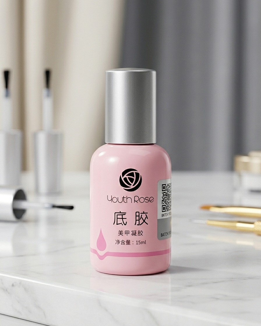 Un primo piano di un pennello che applica una piccola quantità di gel blush rosso al centro di ununghia già dipinta.