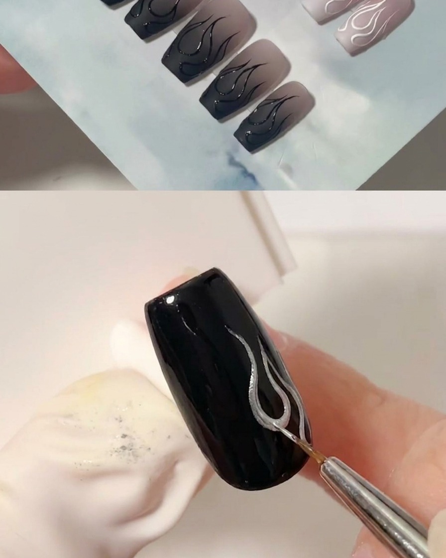 Un pennello liner sottile aggiunge una seconda linea nera curva per formare il lato destro del design della fiamma.