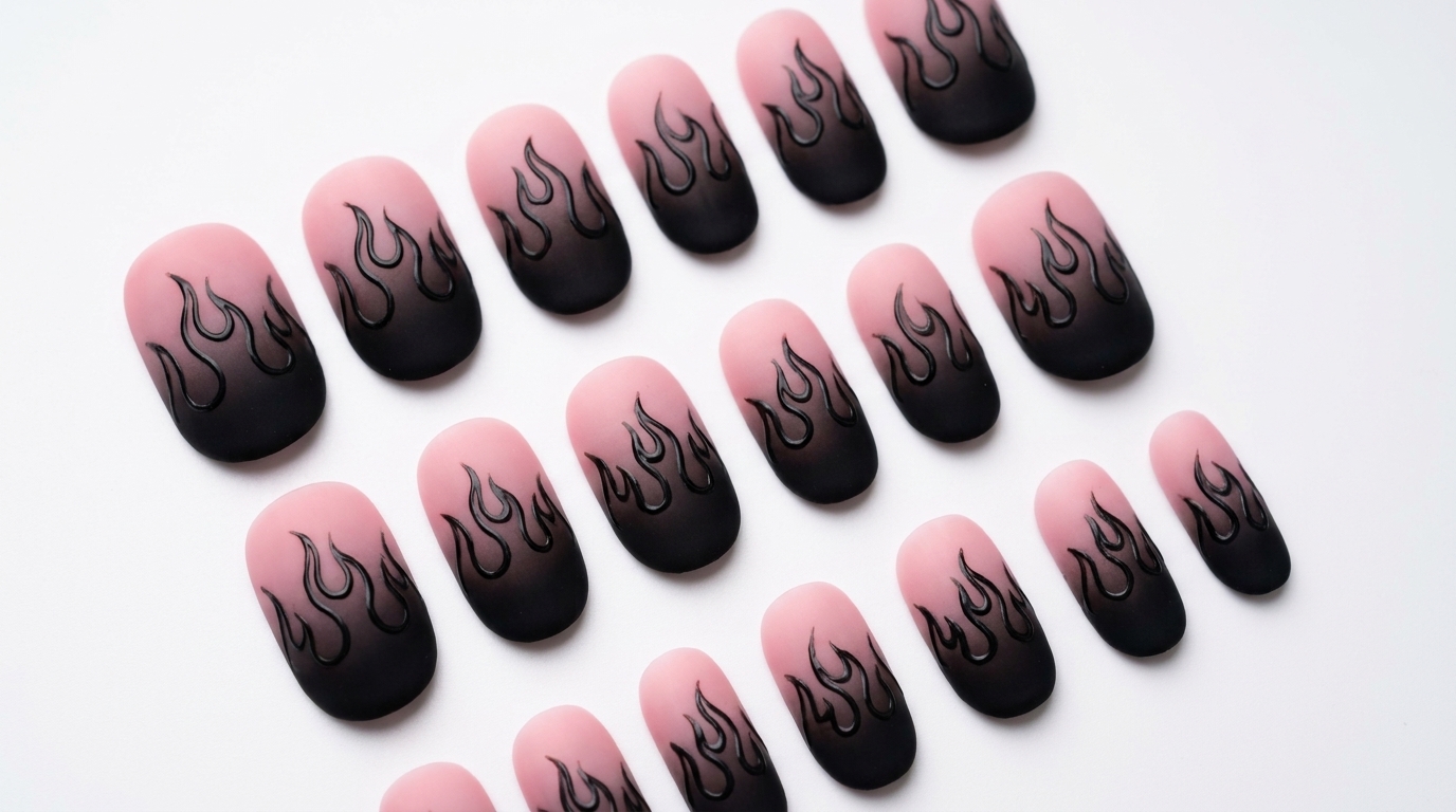 Gradiente Rosa e Nero Opaco con Nail Art a Fiamme 3D