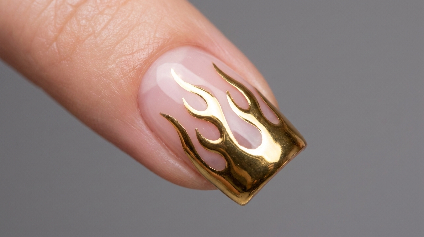 Unghie con fiamme oro effetto specchio — Tutorial nail art grintoso