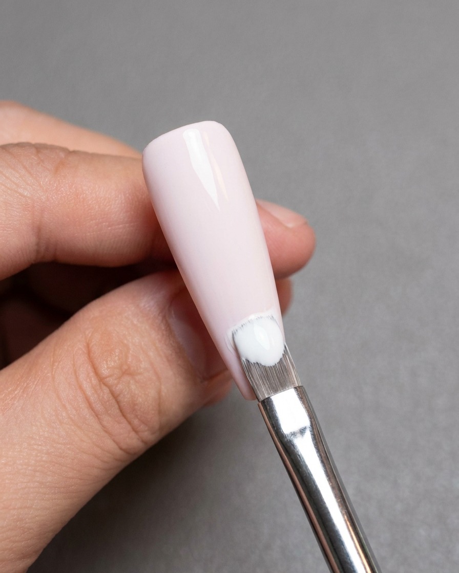Un pennello applica uno strato uniforme di smalto gel rosa chiaro su ununghia.