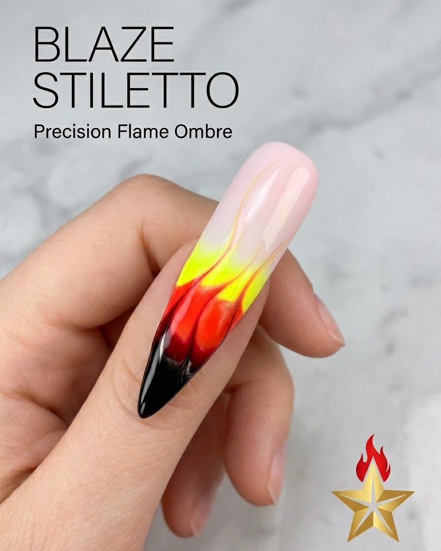 Primo piano di ununghia a stiletto con un design di fiamma finito, che mostra una sfumatura dettagliata dal nero della punta al giallo.