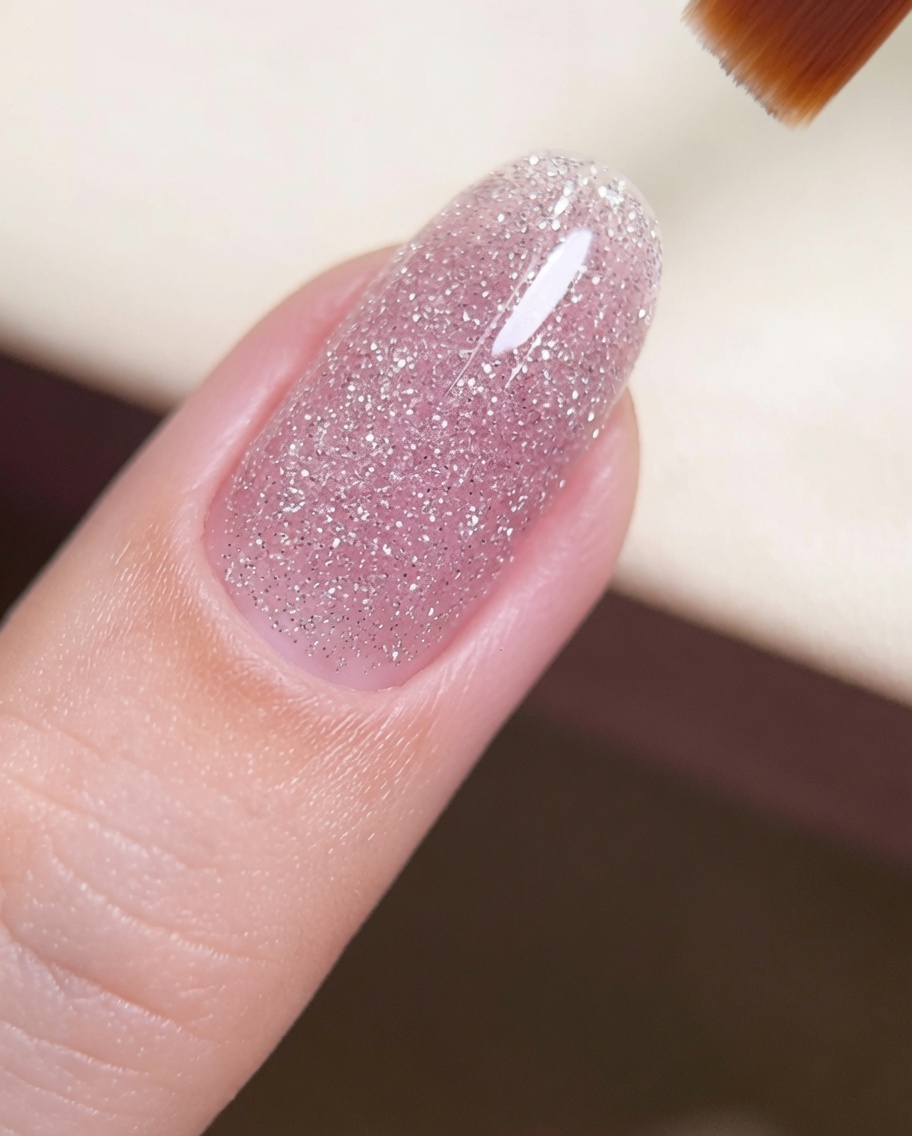 Un pennello che applica uno strato finale e liscio di top coat trasparente sopra una superficie ungueale glitterata.