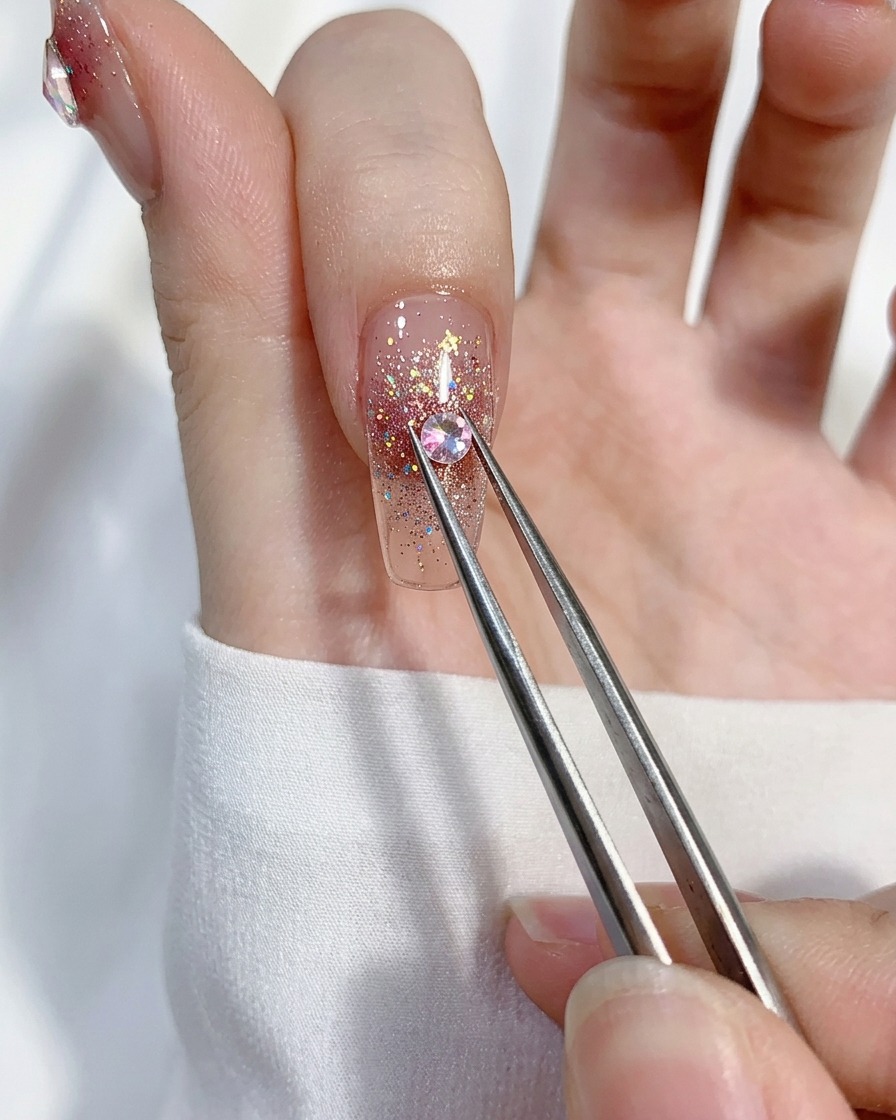 Pinzette che posizionano un piccolo strass rosa a forma di cuore su ununghia glitterata.